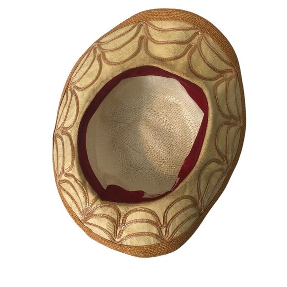 Vintage 1960S/70S Cream Tan Laurel Lace Appliqué Woven Sun Hat - Picture 7 of 10